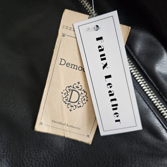 New Democracy Biker Jacket Size M Faux Leather Black Beige Zip Front Moto NWT - Picture 15 of 16